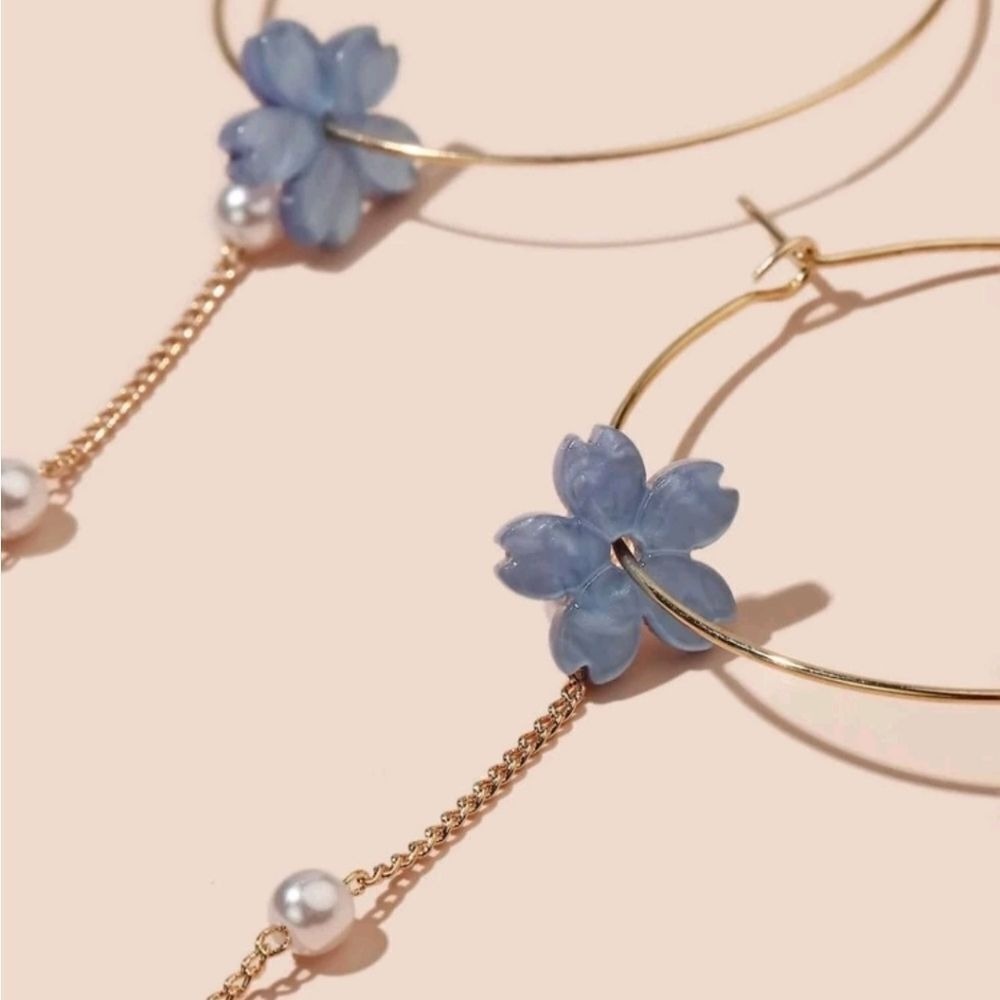 Gold Hoop Flower Dangle Earrings Pearl Chain Purple Fairy Coquette 💖2/$30 - Picture 6 of 10